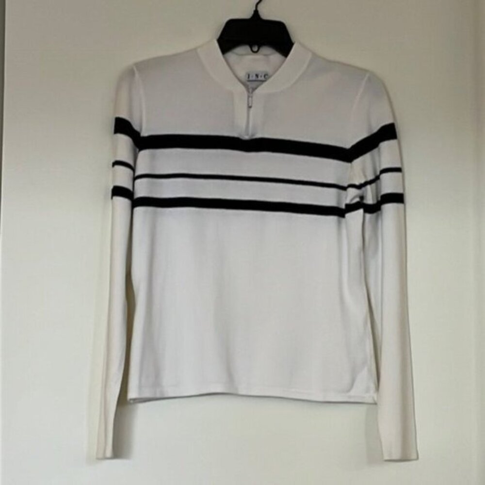 🖤 I.N.C Women’s White & Black Striped Half-Zip Long Sleeve Sweater | Size M 🖤